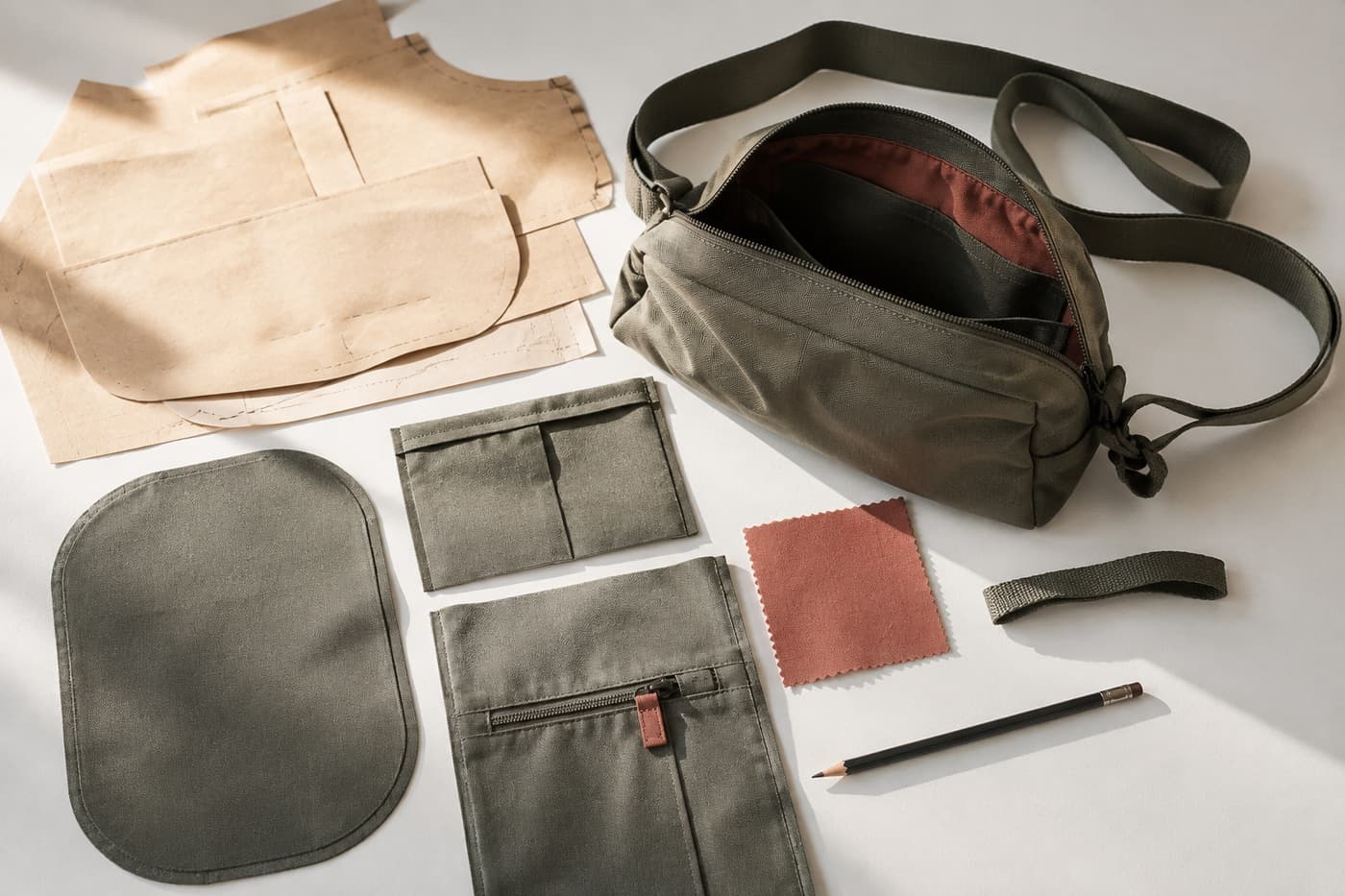 Bag pattern pieces, material swatches and a prototype arranged for design development