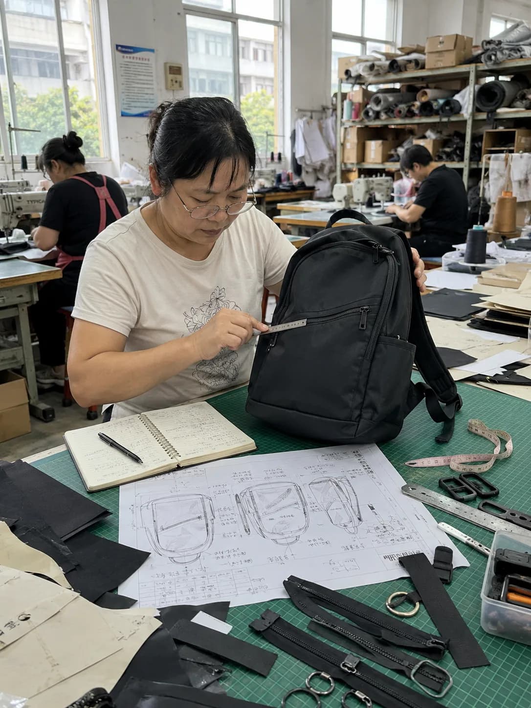 Liven Bags team member measuring a backpack during development